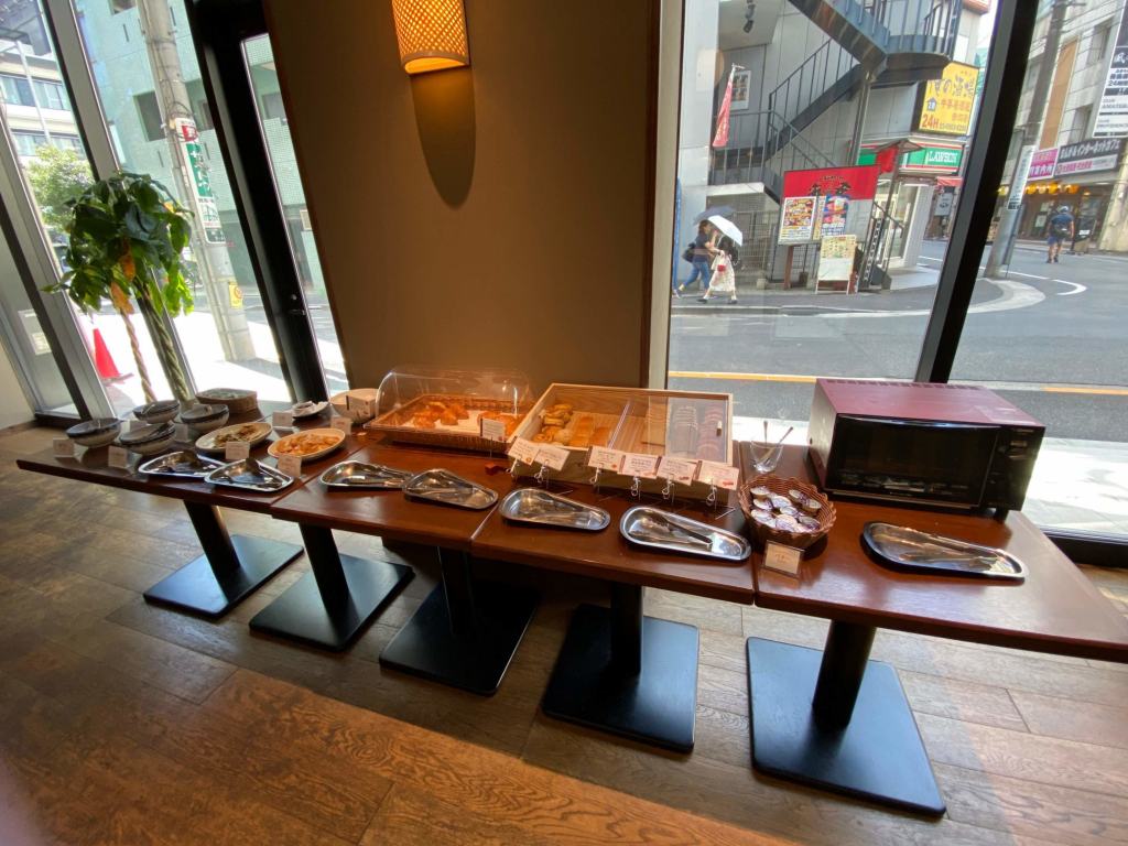 Bread station at Akabane Holic Hotel, Tokyo.