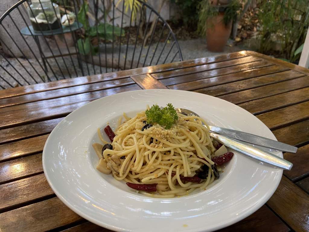 Pasta dish at Veggie Tales Cafe in Hua Hin, Thailand.