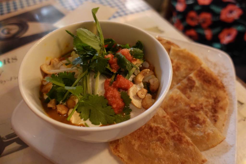 Laksa coconut curry with roti at Veggie4Love vegetarian and vegan restaurant in Hong Kong.