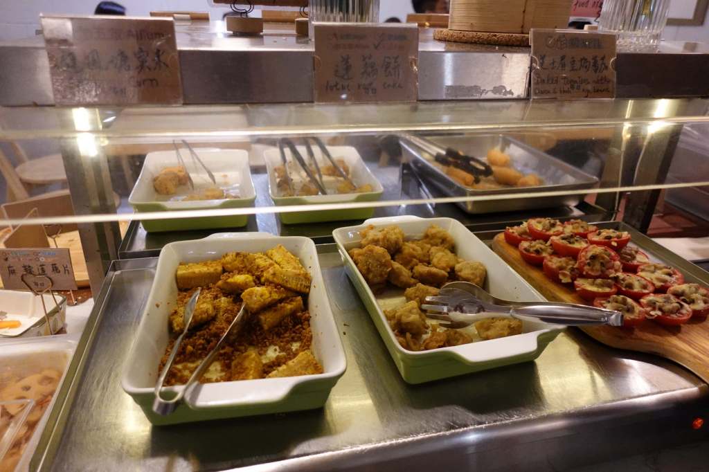 Buffet dishes at Everyday vegetarian restaurant in Hong Kong.