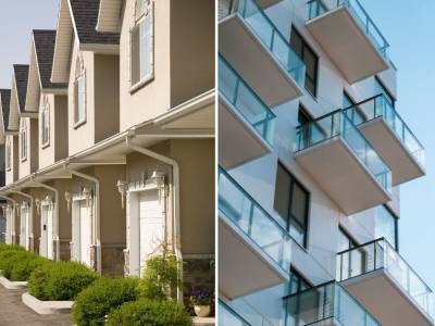 A row of townhouses is juxtaposed with a luxury condo block.