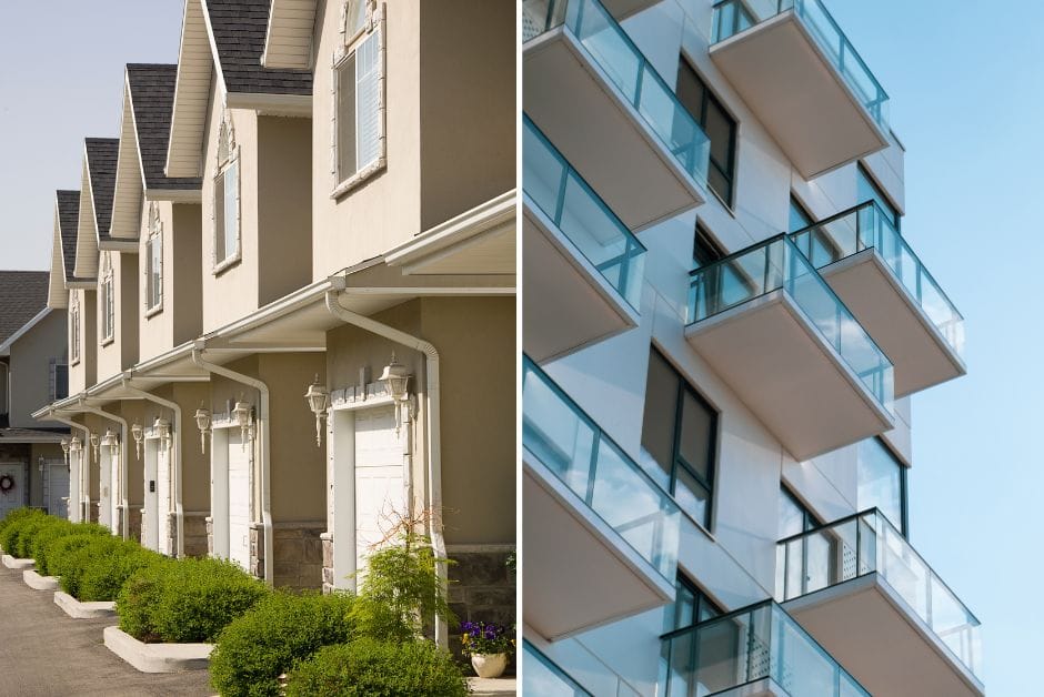A row of townhouses is juxtaposed with a luxury condo block.