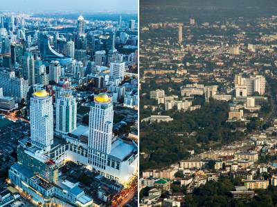 Chiang Mai skyline juxtaposed with Bangkok skyline.