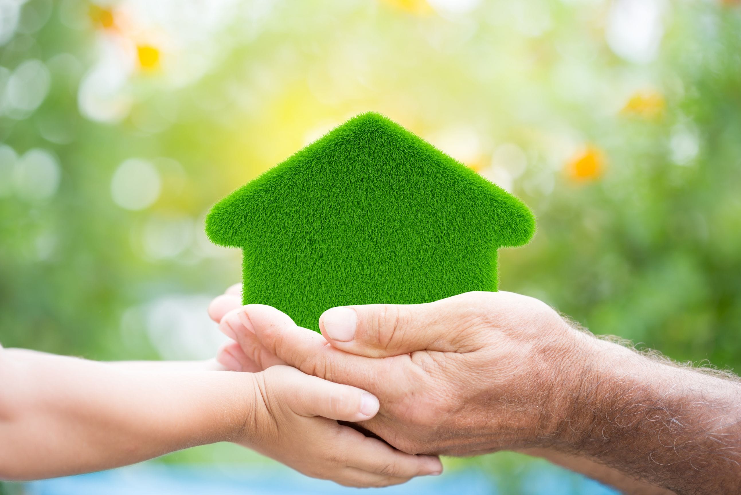 Two hands holding a grass-lined eco-friendly house shape.