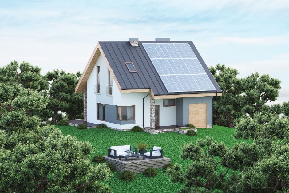 Solar panel on the roof of an eco-friendly house.