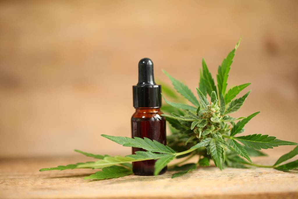 Cannabis next to a dropper bottle.
