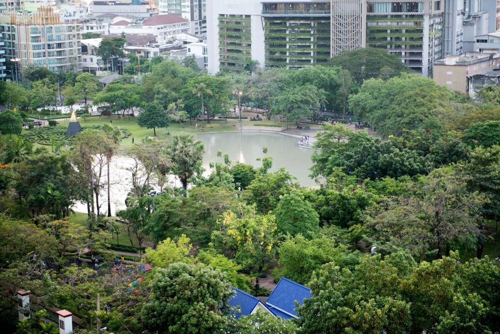 Aerial view of Benchasiri Park in Bangkok, Thailand.