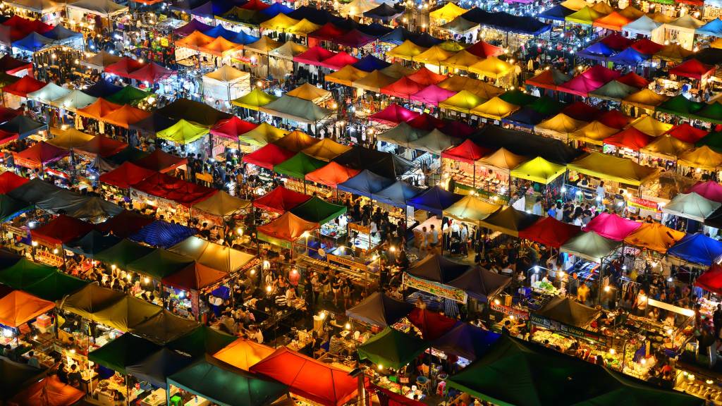Aerial view of Talad Rod Fai market in Bangkok.