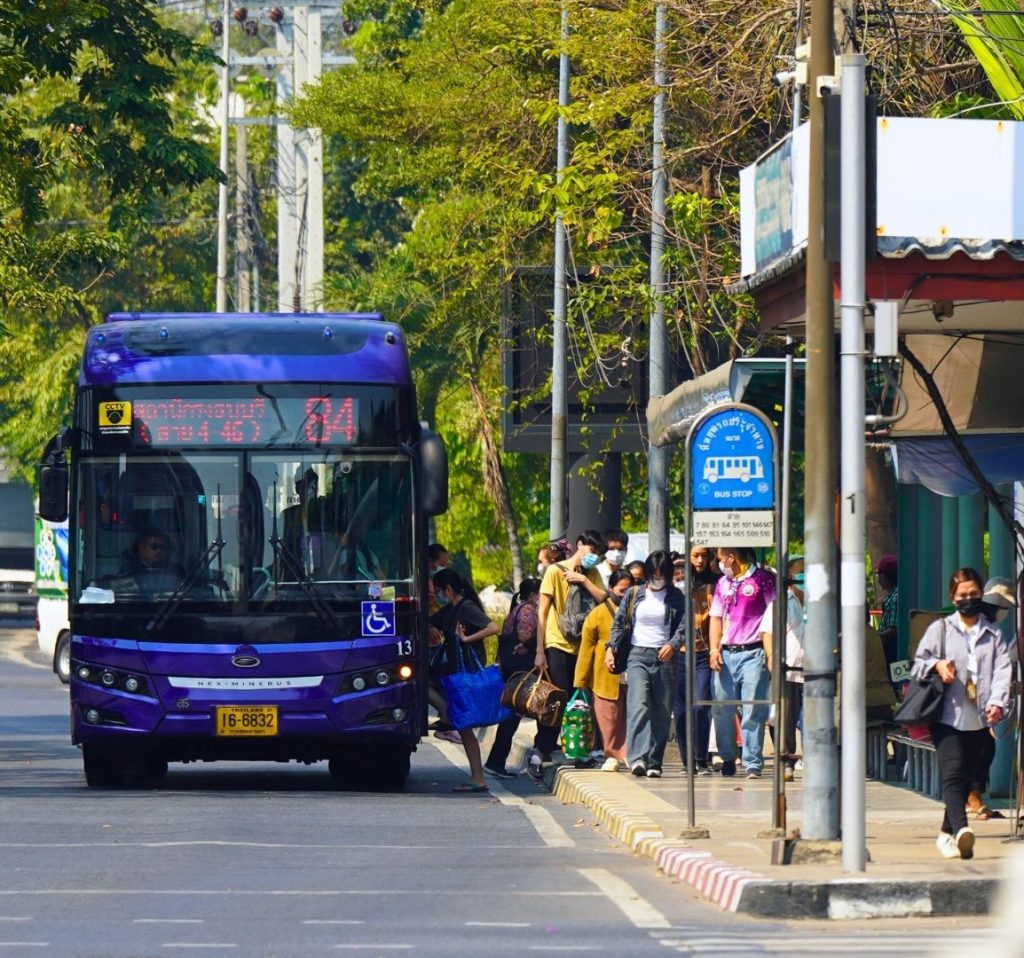 Electric blue bus in Thailand.