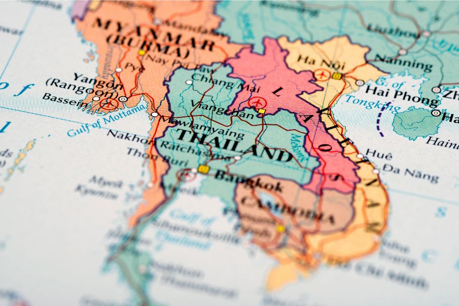 A map of Thailand highlighting its six regions.