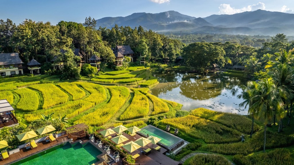View of rice field at Four Seasons Resort Chiang Mai in Thailand.