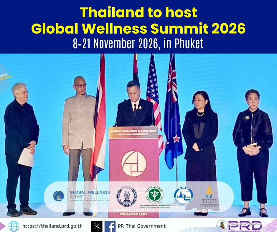 Thai and international representatives stand on stage during the Global Wellness Summit 2025 in Dubai, with Thailand formally receiving hosting rights for GWS 2026 in Phuket.