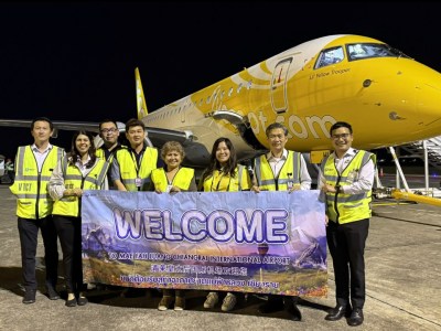 Scoot Embraer E190-E2 aircraft arrives at Chiang Rai on its first direct flight from Singapore, marking the launch of the new international route.