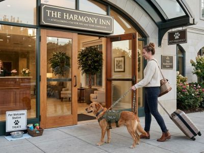 A woman walking into a hotel with her dog on a lead, about to check in.