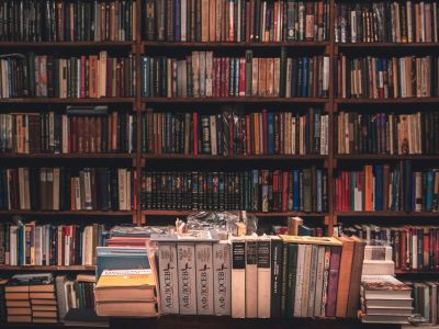 Books on shelves in bookstore.