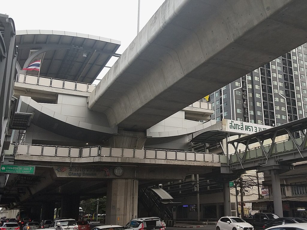 Street view of Chang Erawan BTS Station in Samut Prakan, Thailand.