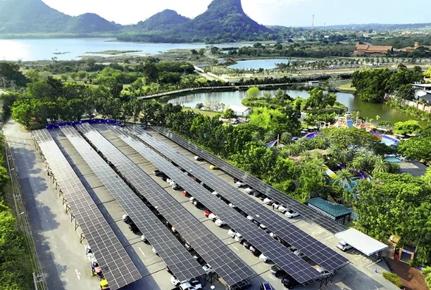 Aerial view of solar-powered car park at Ramayana Water Park in Thailand.