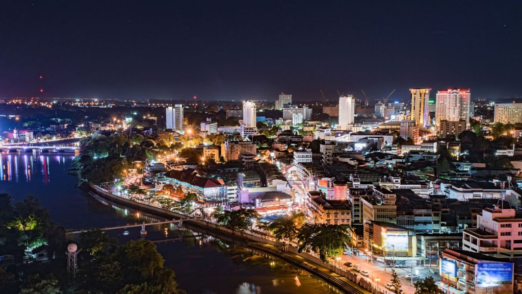 An aerial view of Chiang Mai city at night.