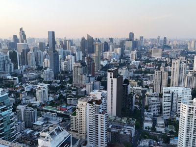 Bangkok city skyline at dusk during summer.