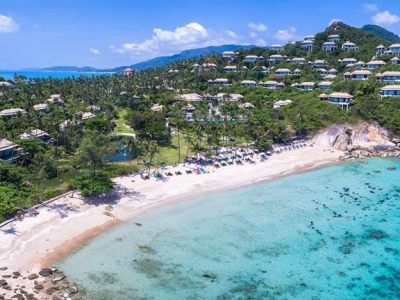 Aerial view of private beach at Banyan Tree Samui in Thailand.