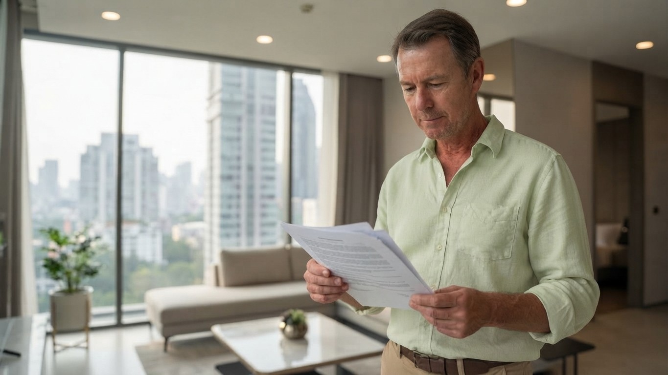 Landlord checking condominium paperwork and property rules in Bangkok