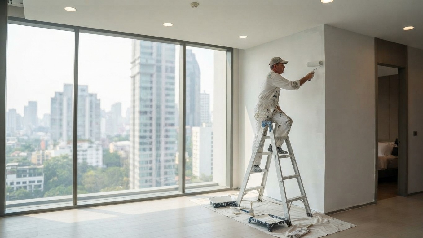 Painter working inside a Bangkok condominium being prepared for rental